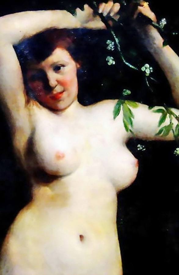 Nude With Flowering Branch painted by Gustave Courbet. A girl with big breasts and naughty nipples is holding a branch of a tree with white blossoms on it. The young woman has pretty eyes and luscious lips for her lover.